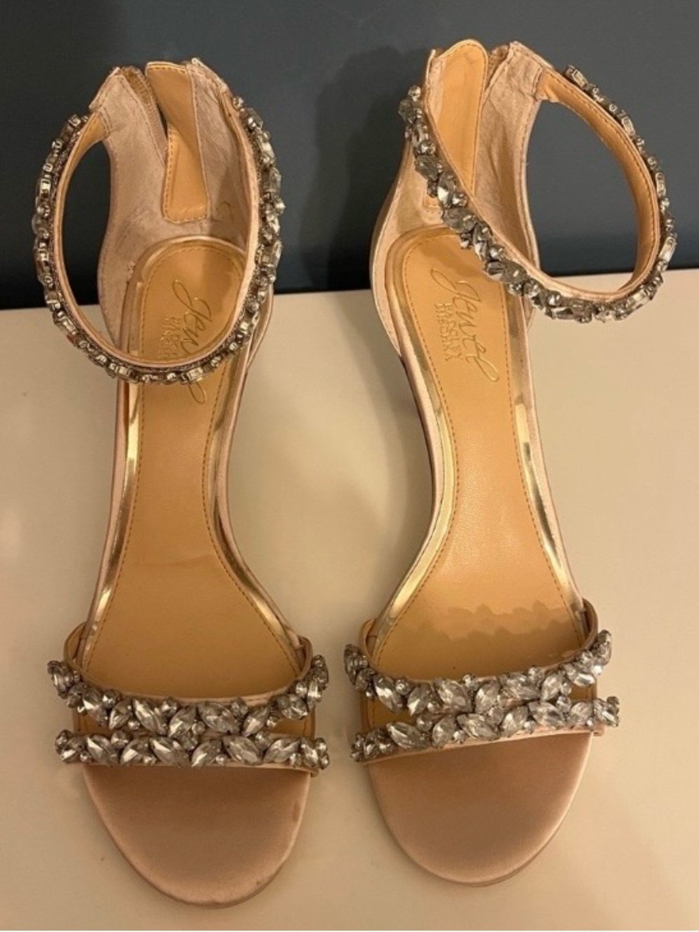 Badgley Mischka Crystal-Embellished Nude Strappy Heels